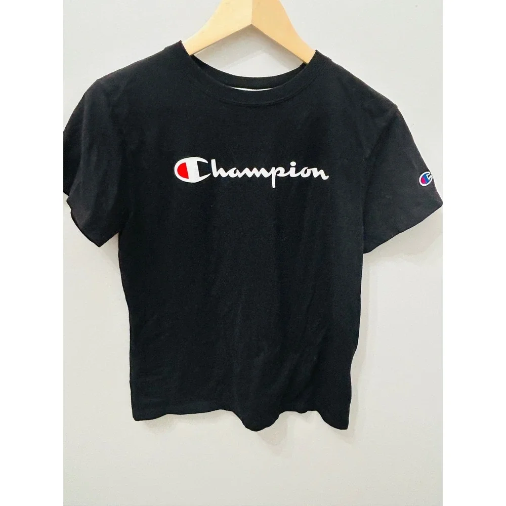 Champion Script Tee Black 90s Vintage Streetwear Classic Logo Men's Small - Picture 3 of 4